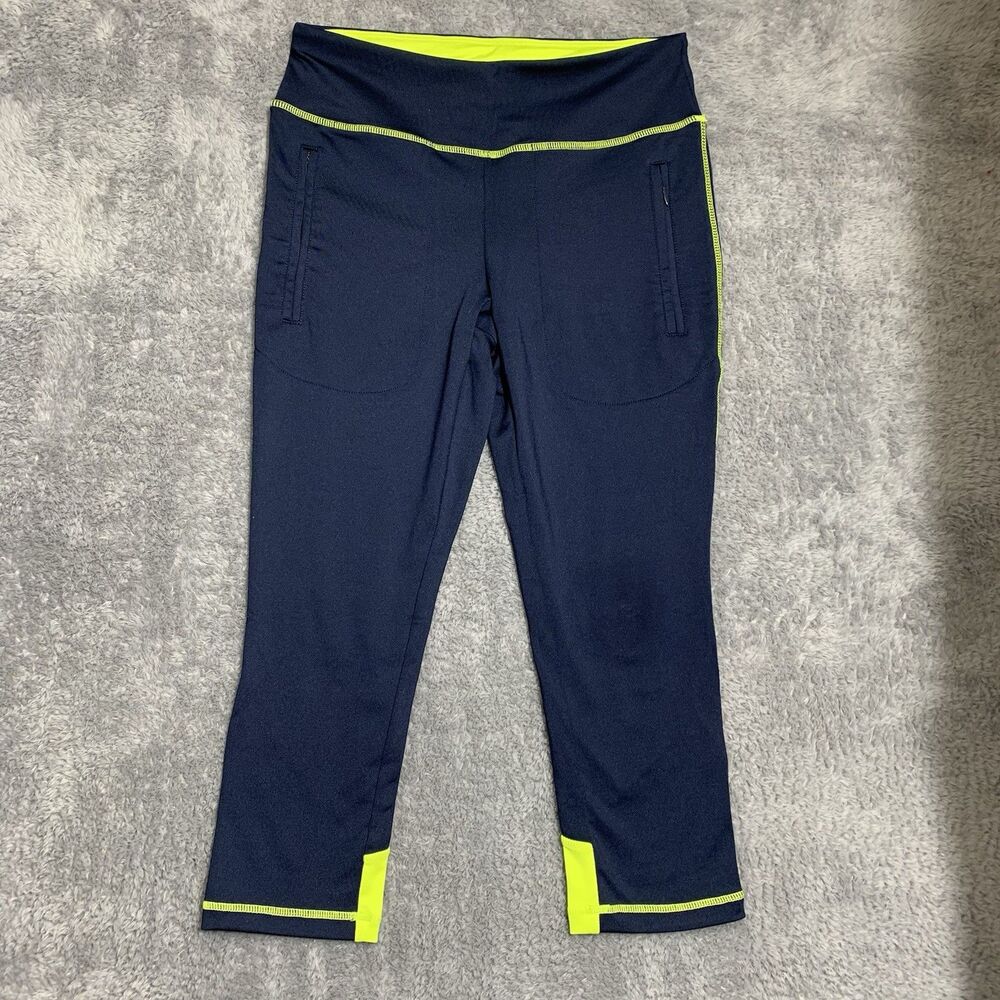 Danskin Capri Leggings Womens Small Navy Blue‎ Neon Green Zip Pockets 3859